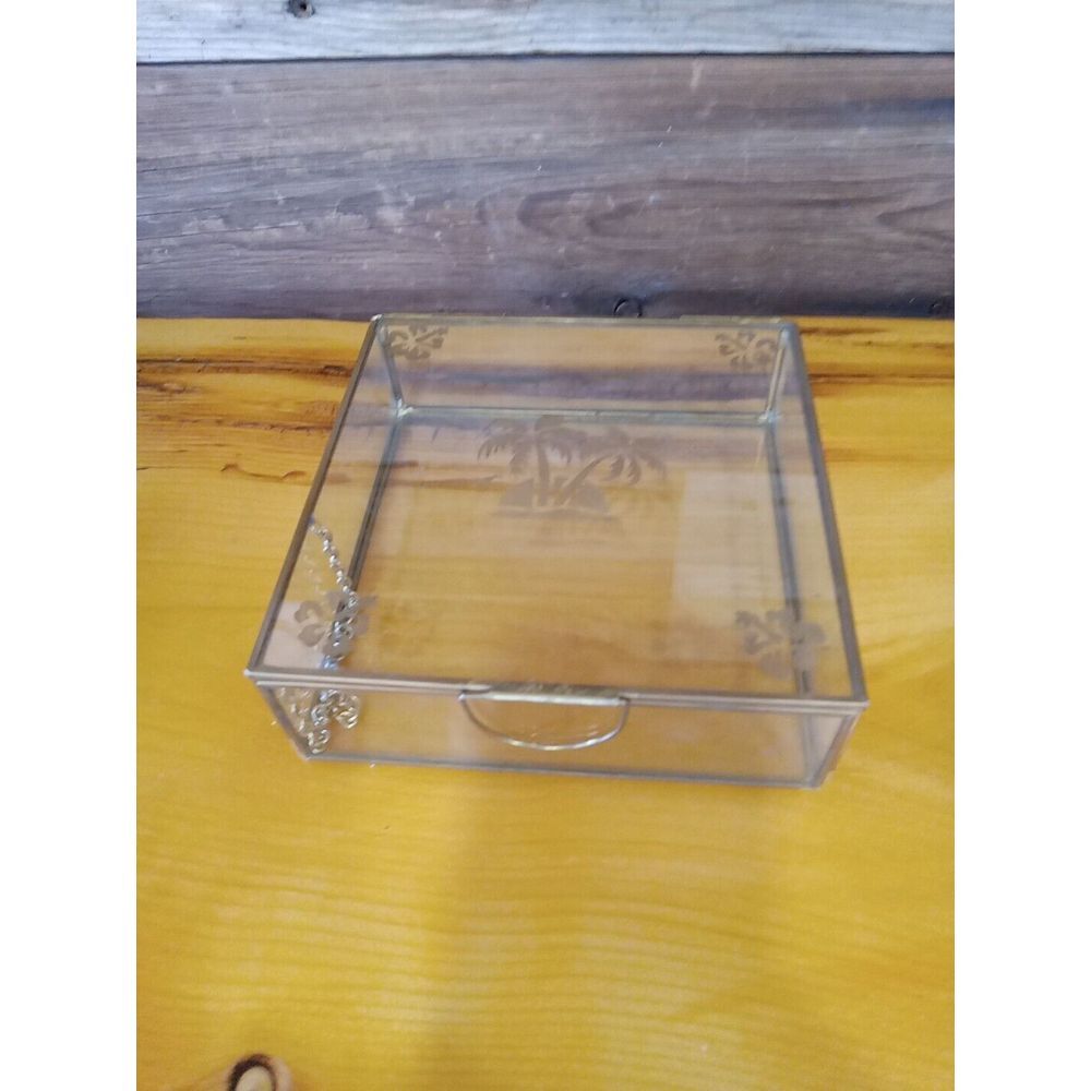 Trinket Box Handmade Glass and Brass Etched Lid Vintage Decor 6" L x 6" W Gift